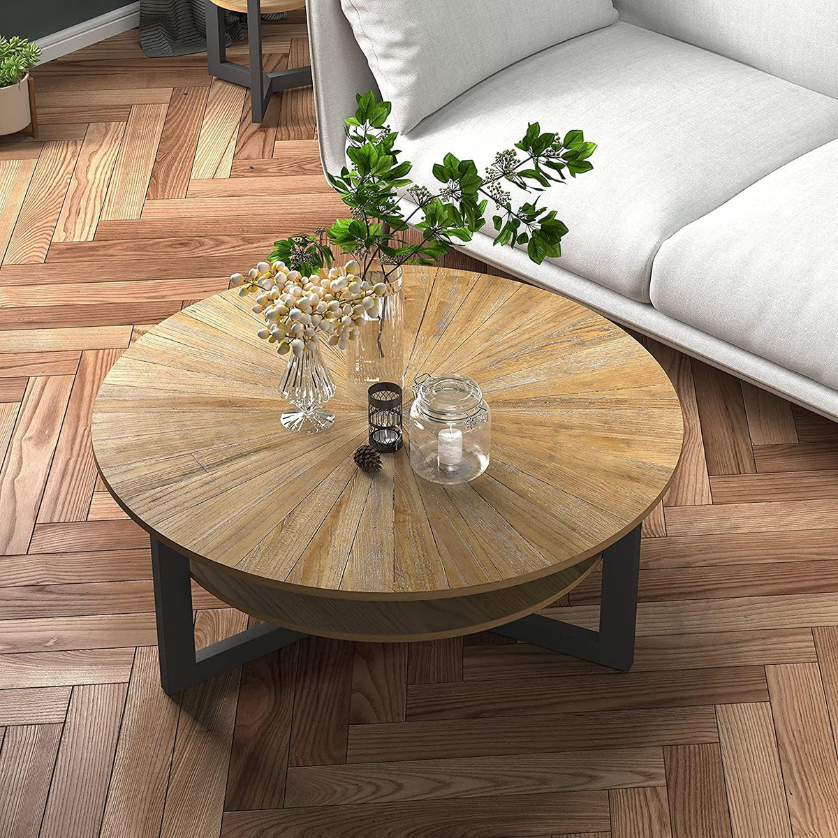 Round Coffee Table with Storage, Solid Wood, Black Metal Frame N780