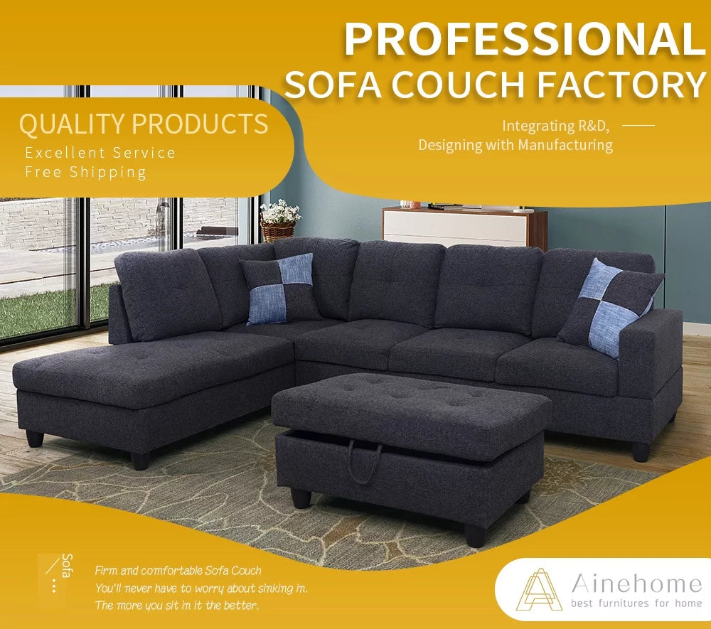 103" Wide Linen Left Hand Facing Sofa & Chaise with Ottoman U9463
