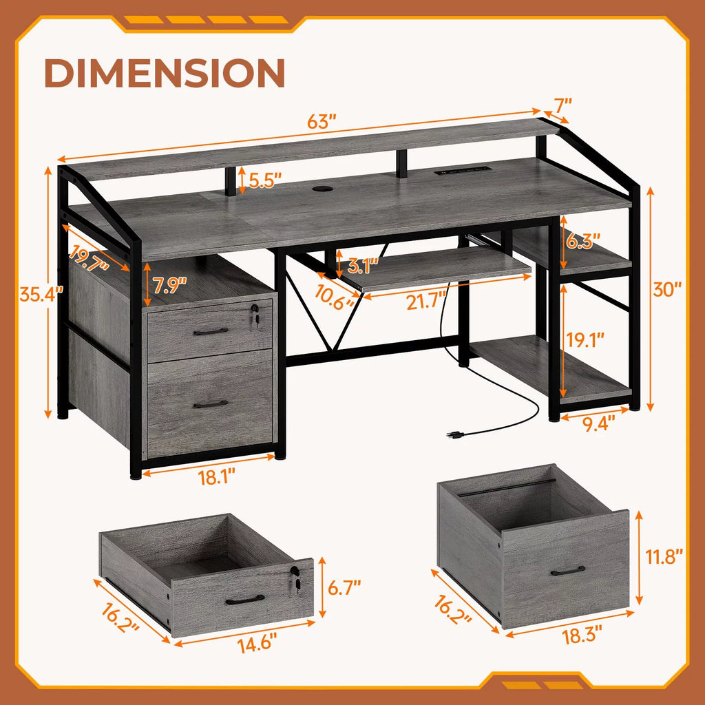 63" Gray Computer Desk with Lock Drawers Y8858