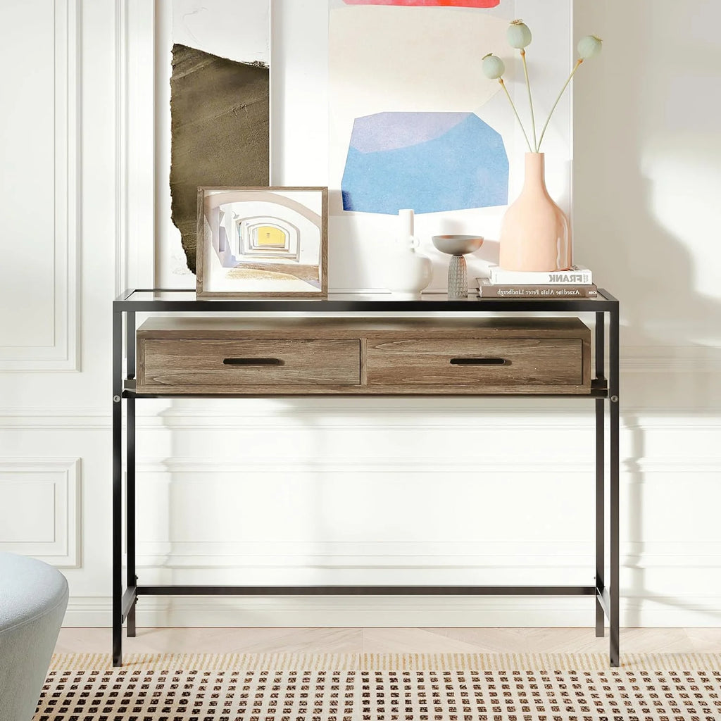 43 Inch Narrow Console Table with 2 Drawers Glass Top Z241017
