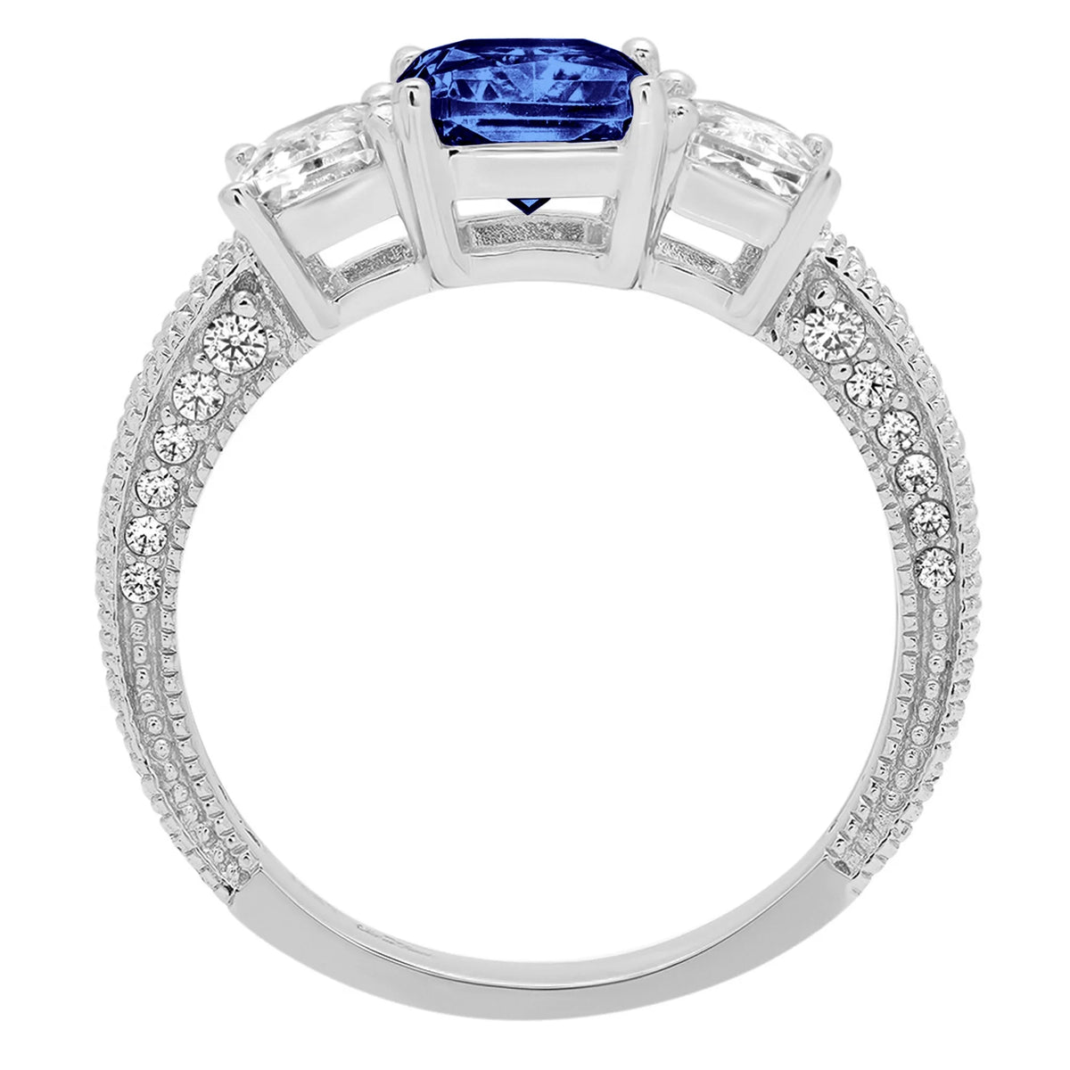 18k White Gold Three-Stone Ring with Blue Simulated Tanzanite A637