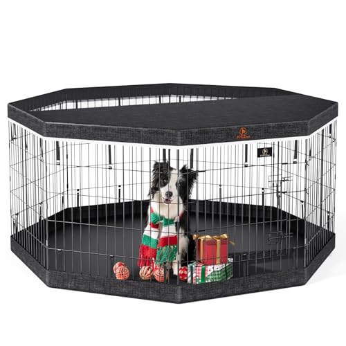 8 Panel Metal Dog Playpen with Grey Pad and Top Cover B223