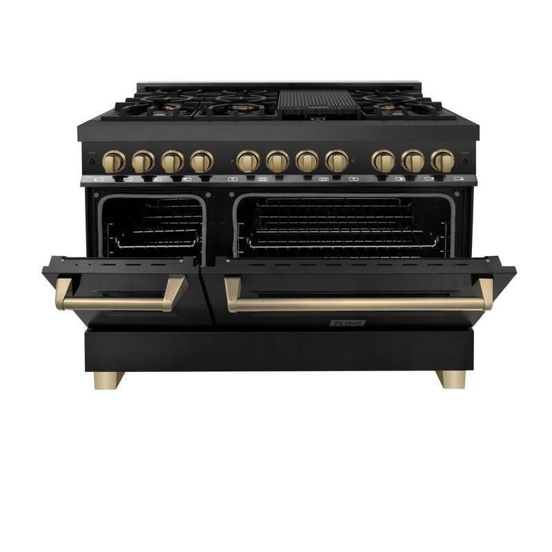 48 in. 7 Burner Double Oven Dual Fuel Range in Black Stainless Steel and Champagne Bronze D1858