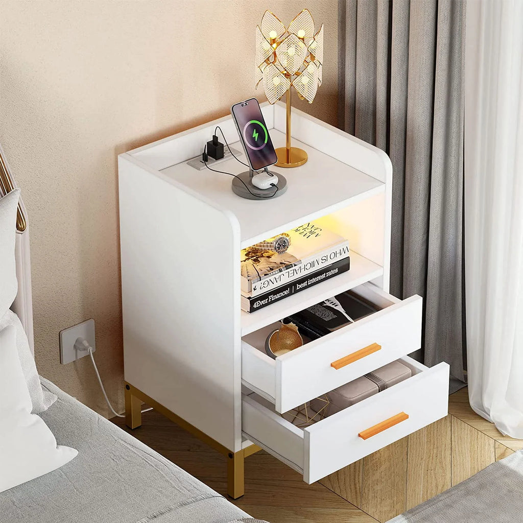 White Night Stand with 2 Drawers and Charging Station Q4457