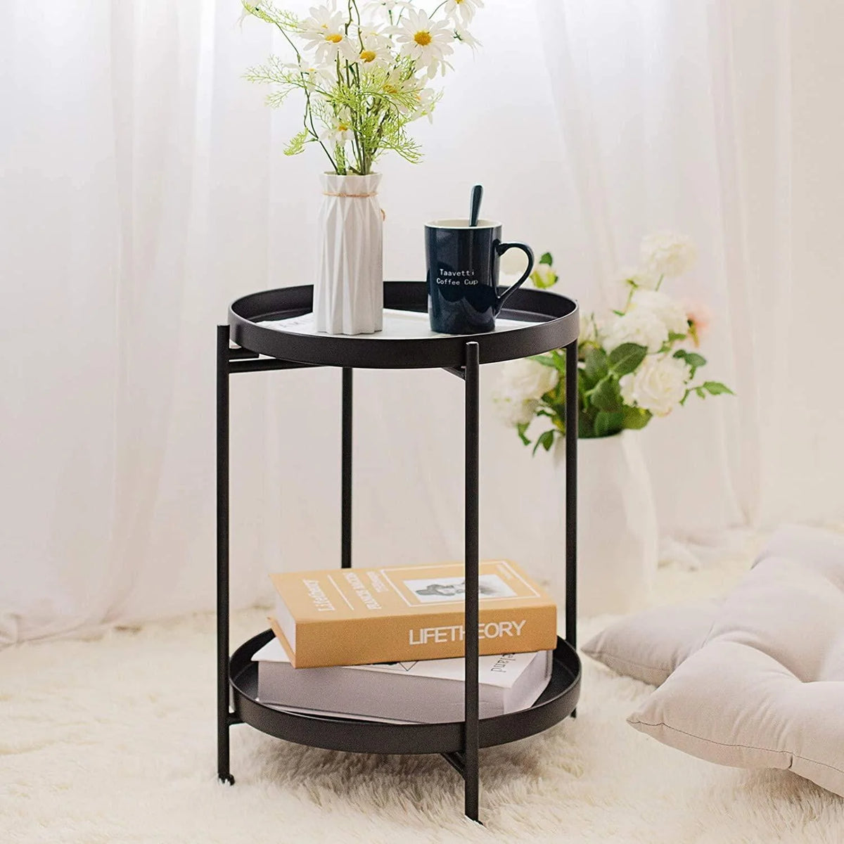 2 Tier Metal Waterproof End Table with Removable Tray B703