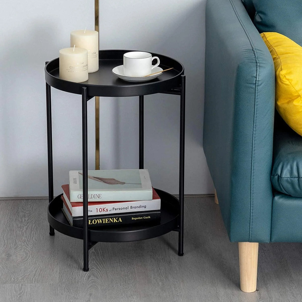 2 Tier Metal Waterproof End Table with Removable Tray B703