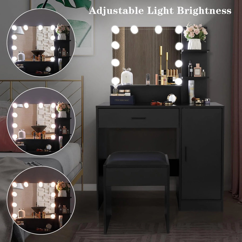 Black Vanity Set with Lighted Mirror and Stool A968