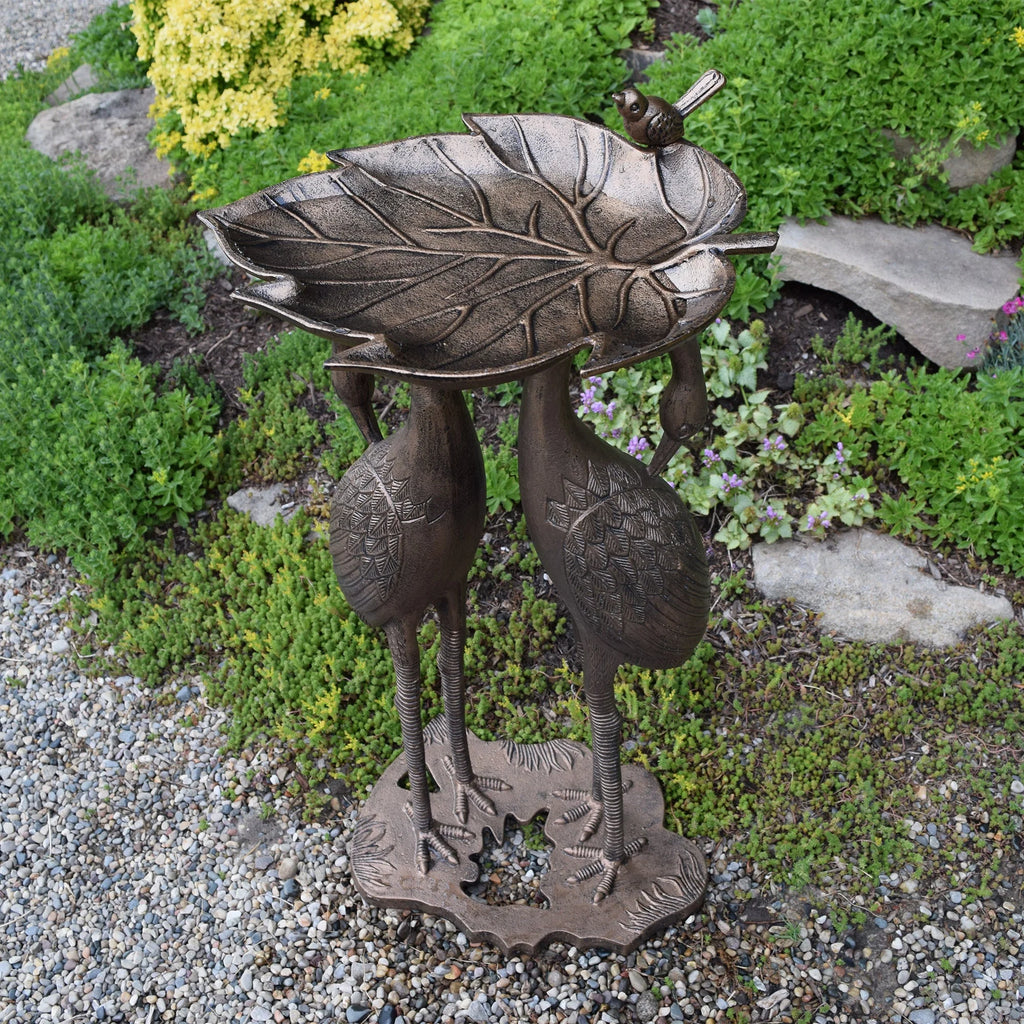 Cast Aluminum 30-in Twin Crane Bird Bath with Leaf Bowl G503
