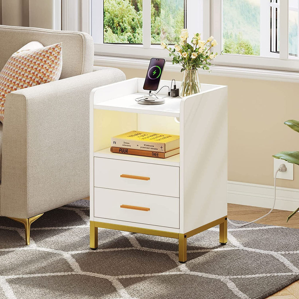 White Night Stand with 2 Drawers and Charging Station Q4457