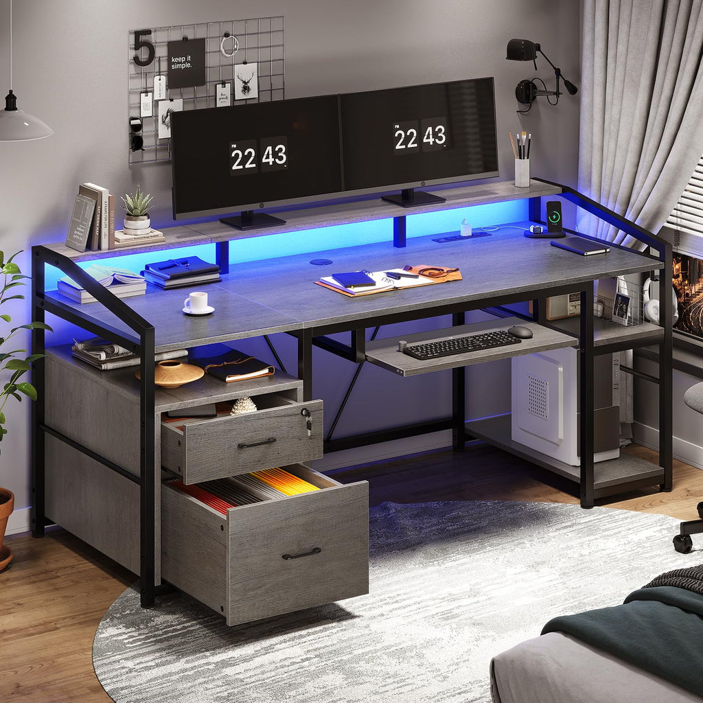 63" Gray Computer Desk with Lock Drawers Y8858
