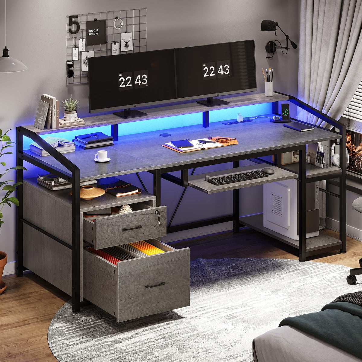 63" Gray Computer Desk with Lock Drawers Y8858