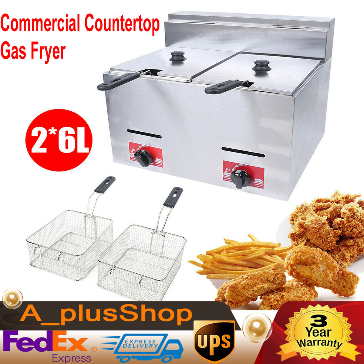 12L Stainless Steel Commercial Gas Fryer with 2 Baskets C7534
