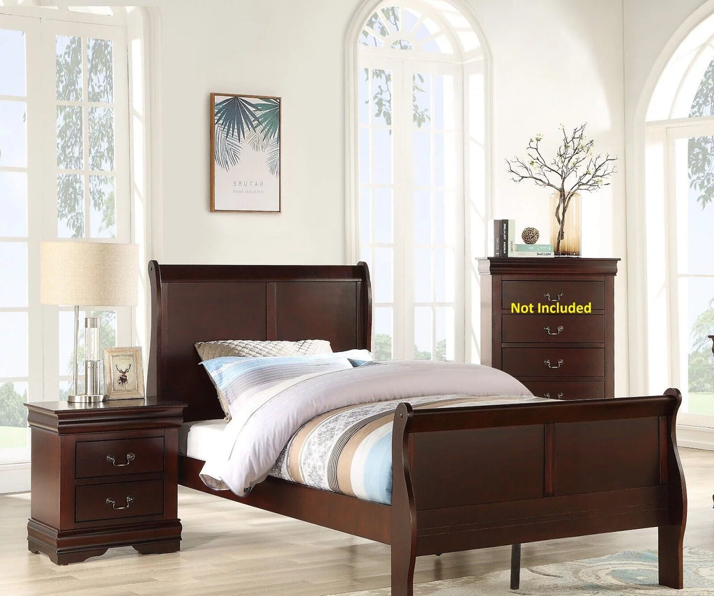 Twin Size Panel Bed and 2 Nightstands Cherry Brown Wooden Bedroom Set N3064