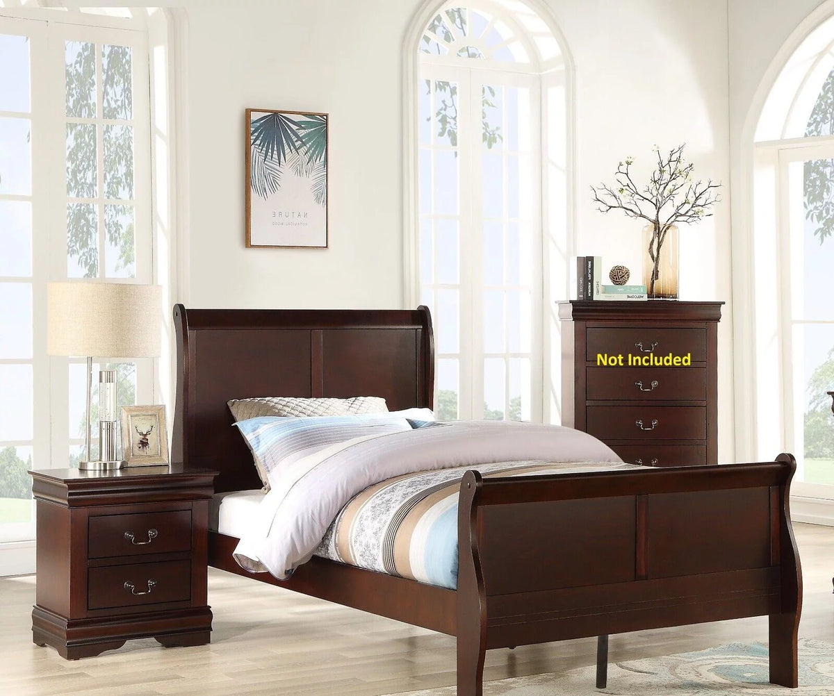 Twin Size Panel Bed and 2 Nightstands Cherry Brown Wooden Bedroom Set N3064