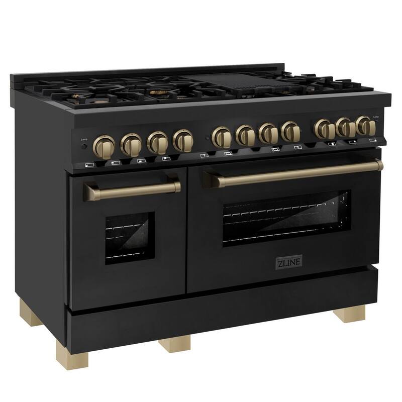 48 in. 7 Burner Double Oven Dual Fuel Range in Black Stainless Steel and Champagne Bronze D1858